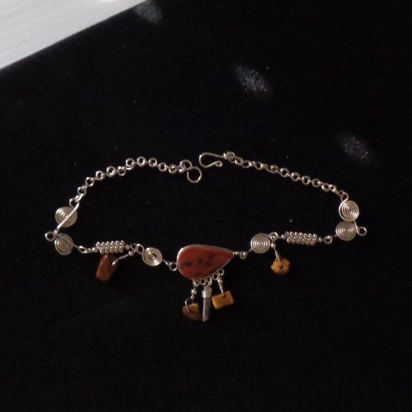 Brown STONES & CRYSTAL Ankle Bracelet Silvertone Swirls 10" Long - Picture 2 of 4